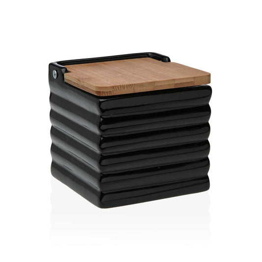 Salt Shaker with Lid Versa Stripes Black Ceramic Bamboo Dolomite 11 x 11 x 11 cm