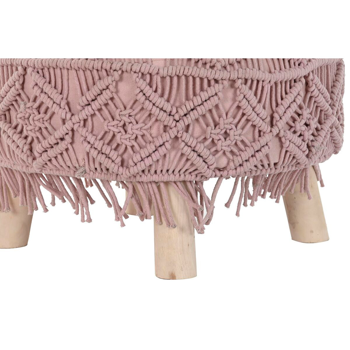 Footrest DKD Home Decor Natural Light Pink Wood Boho Macrame 53 x 53 x 31 cm