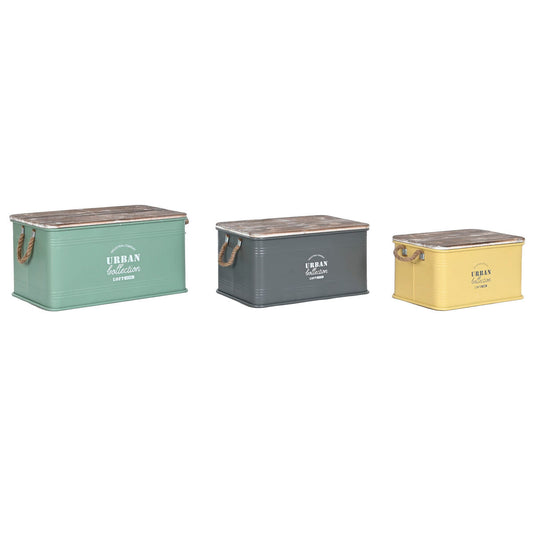 Set of Chests Home ESPRIT Yellow Green Grey Dark brown Metal Vintage 60 x 38 x 32,5 cm