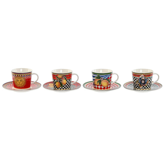 Set of Mugs with Saucers Home ESPRIT Yellow Red Porcelain 220 ml 15,6 x 15,6 x 1,7 cm (4 Units) Home ESPRIT